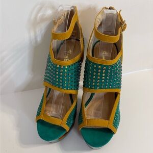 Alba Teal Gold Stiletto Rhinestone Platform High Heels Statement Shoes Size 9